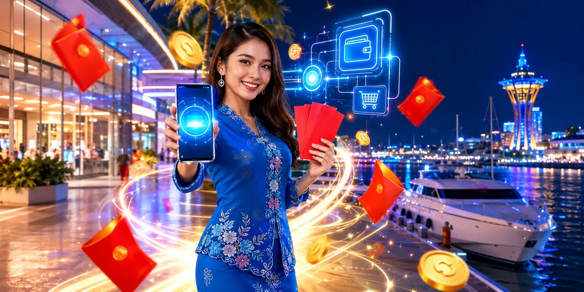 Pengguna Malaysia berbaju kurung menerima bonus sampul merah dalam suasana perayaan yang meriah